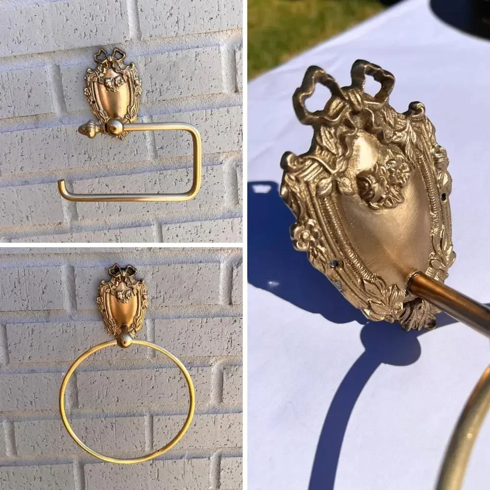 Antique Brass Bathroom Hardware  | Solid Brass Towel Ring & Toilet Paper Holder